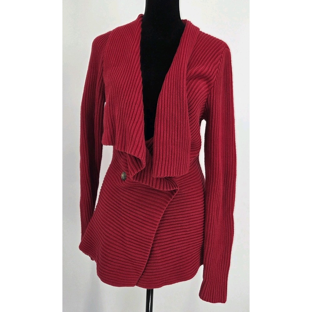 LRL Womens Cable Knit Cardigan Medium Red Shawl Neck Double Breasted